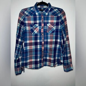 American Eagle Plaid Flannel Shirt Womens Medium Blue Pink Purple Snaps Cotton
